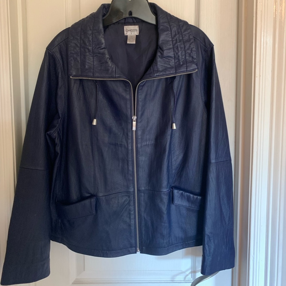 Chico’s navy blue leather jacket